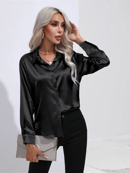 Ladies Luxe Satin Blouse with Collar and Curved Hem