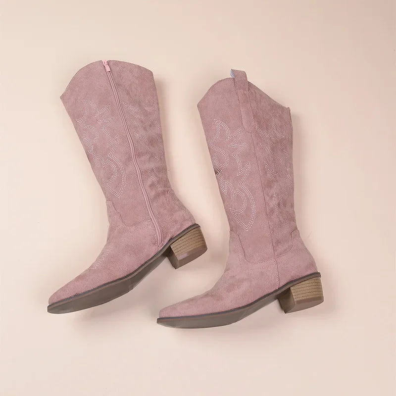 Embroidered Western Cowboy Boots with Low Heel for Women