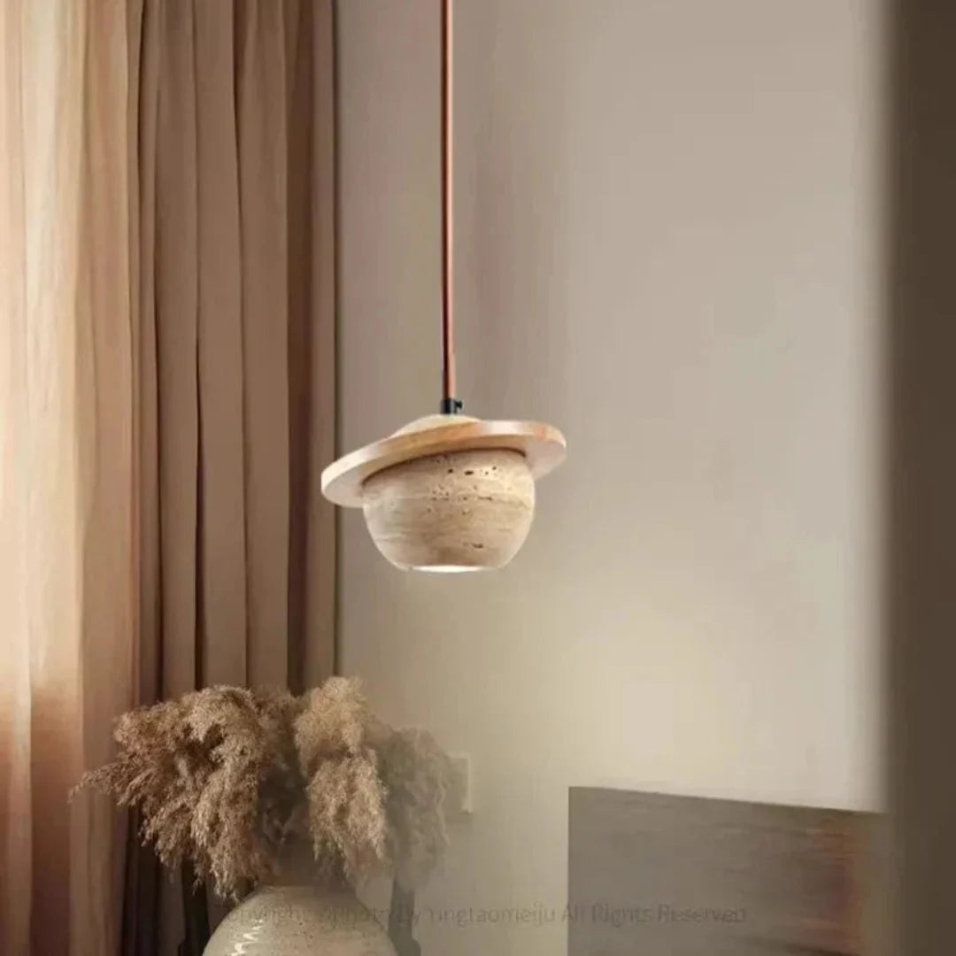 Round Travertine Pendant Lamp – Natural Elegance with LED