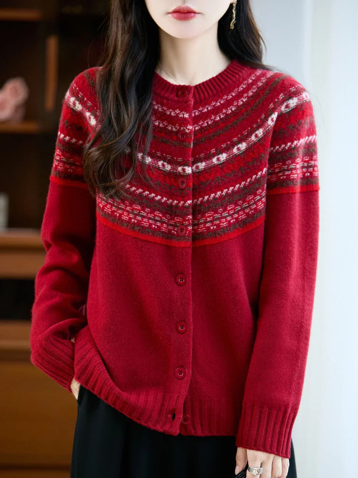 Ladies' Cozy Wool Vest with Norwegian Pattern and Button Closure