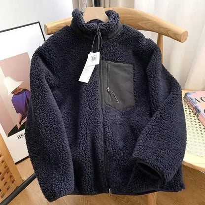 Ladies' Warm Teddy Jacket with High Collar and Zip Pockets