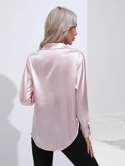 Ladies Luxe Satin Blouse with Collar and Curved Hem