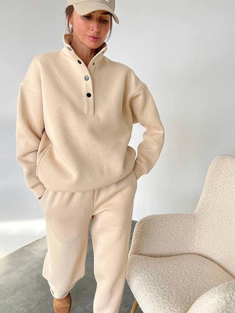 Ladies' Cosy Fleece Set with Stand-Up Collar and Press Studs