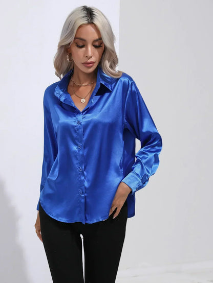 Ladies Luxe Satin Blouse with Collar and Curved Hem