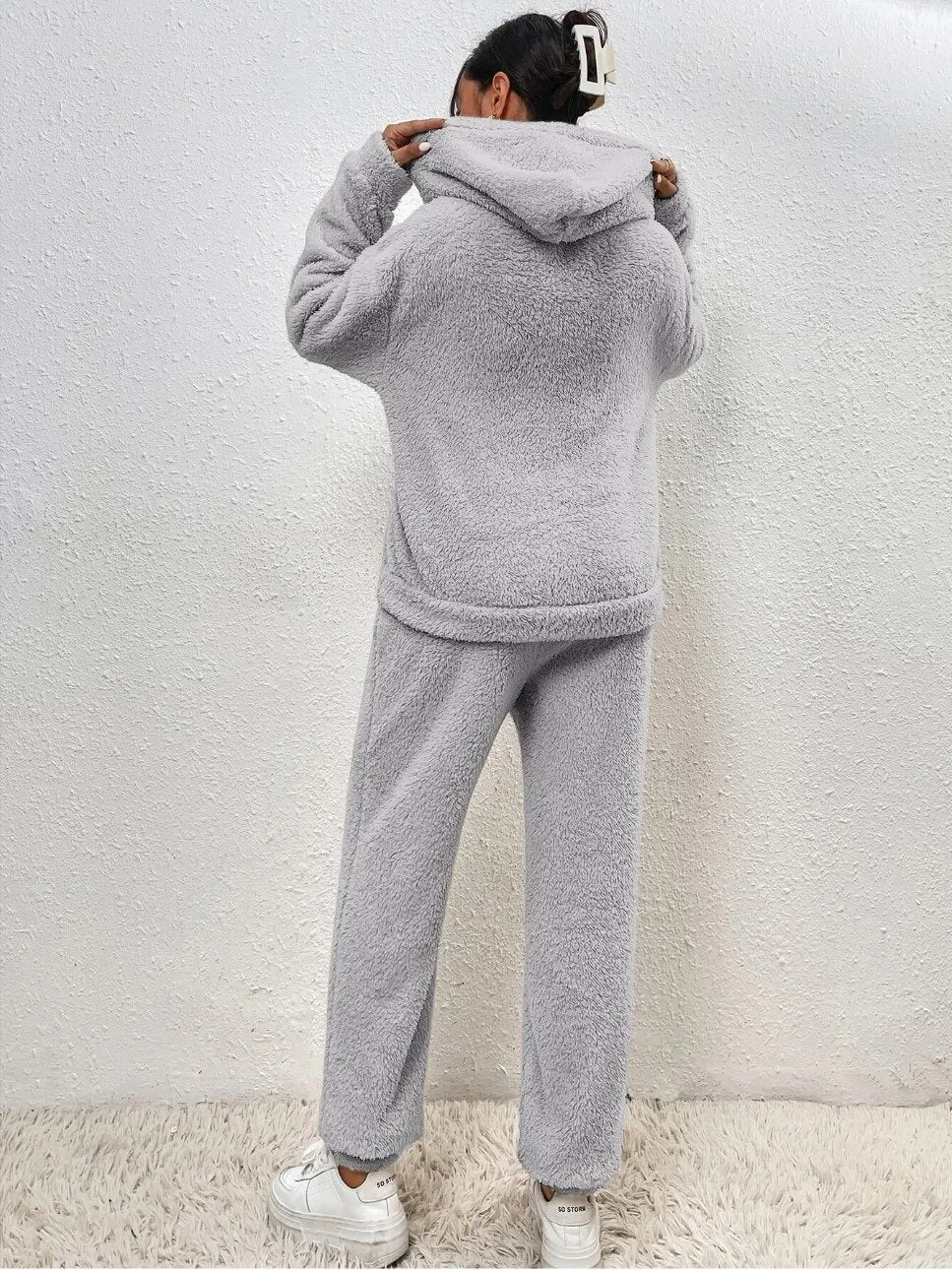 Cuddly teddy loungewear with hood for women - Sandy