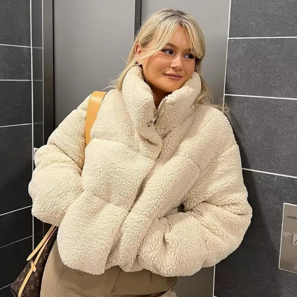 Beige Teddy Bomber Jacket Soft Warm with Pockets for Women