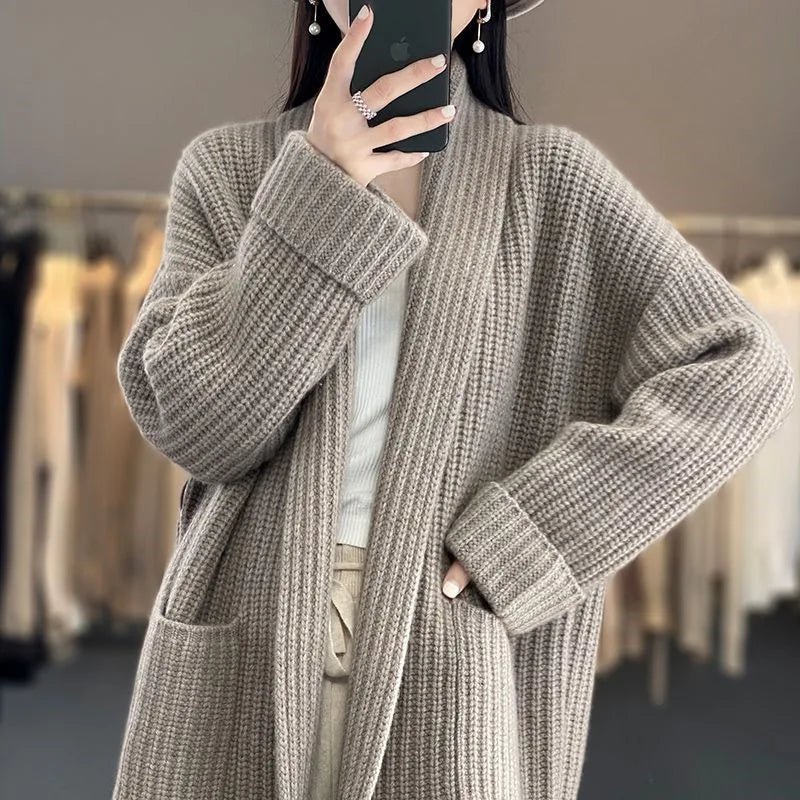 Ladies Timeless Chunky Knit Cardigan with Shawl Collar and Pockets