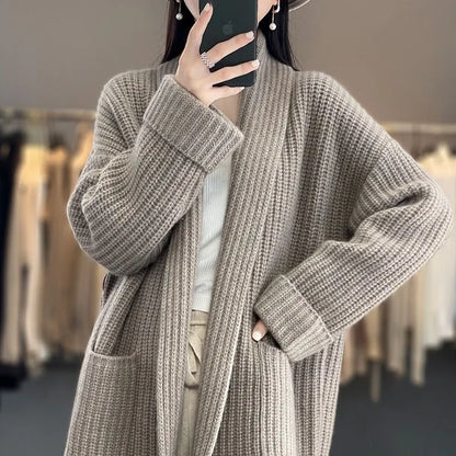 Ladies Timeless Chunky Knit Cardigan with Shawl Collar and Pockets