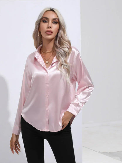 Ladies Luxe Satin Blouse with Collar and Curved Hem