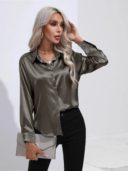 Ladies Luxe Satin Blouse with Collar and Curved Hem