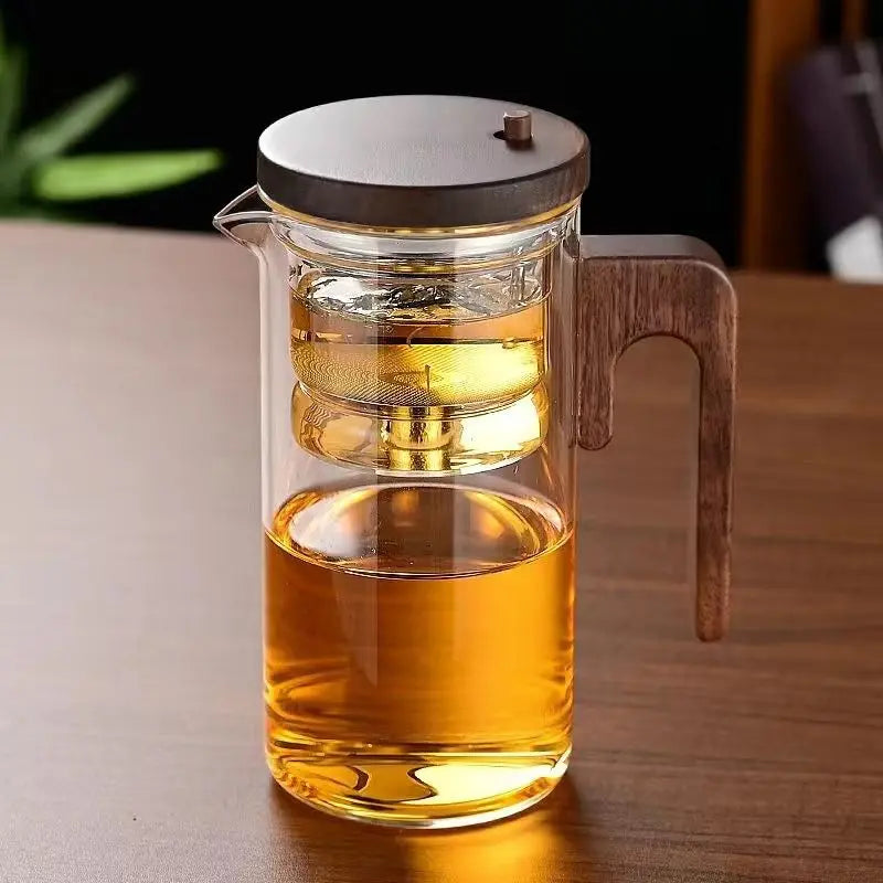 Théière élégante en verre avec infuseur – Infusion raffinée et poignée en bois