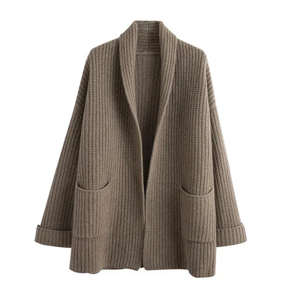 Ladies Timeless Chunky Knit Cardigan with Shawl Collar and Pockets