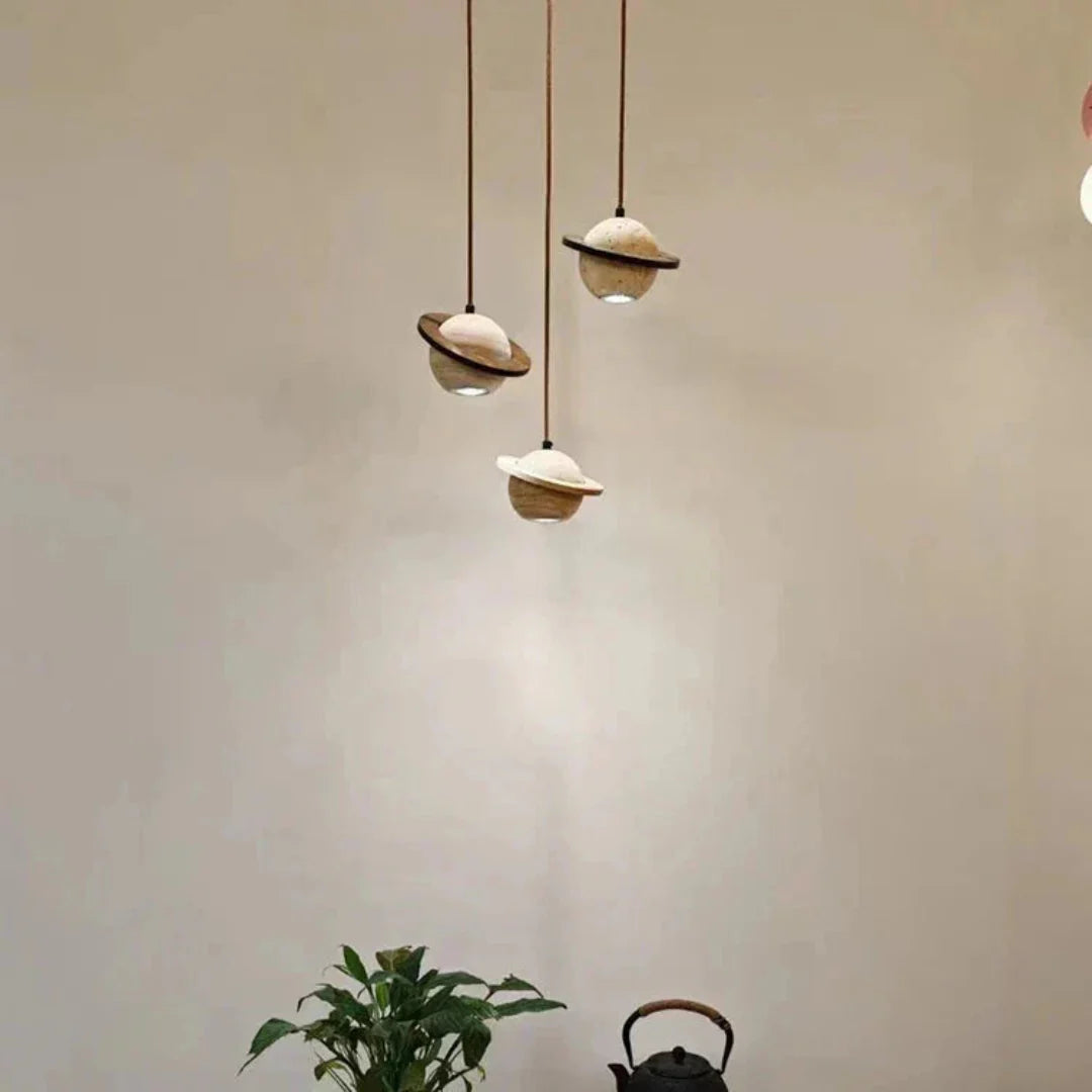 Round Travertine Pendant Lamp – Natural Elegance with LED