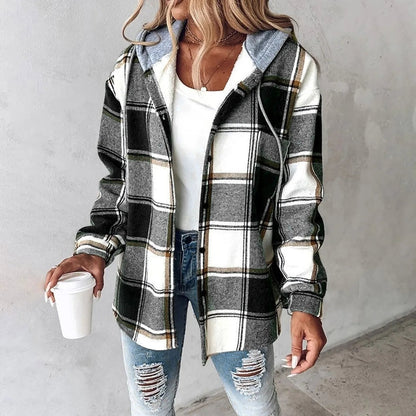 Ladies' Casual Checked Shirt Jacket with Hood and Drawstring