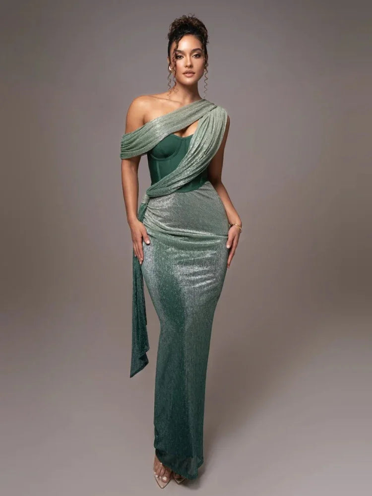 Shiny One-Shoulder Evening Dress with Split Long Evening Gown for Women