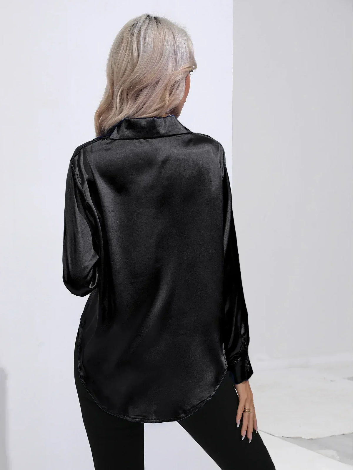 Ladies Luxe Satin Blouse with Collar and Curved Hem