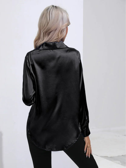 Ladies Luxe Satin Blouse with Collar and Curved Hem