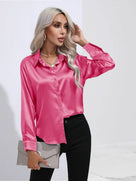 Ladies Luxe Satin Blouse with Collar and Curved Hem