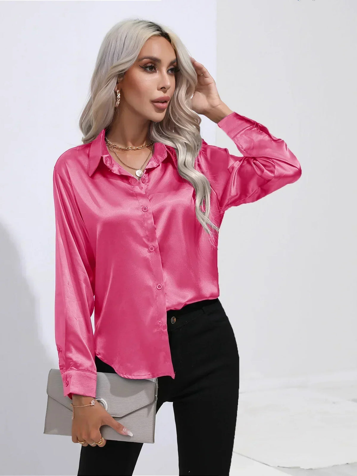Ladies Luxe Satin Blouse with Collar and Curved Hem