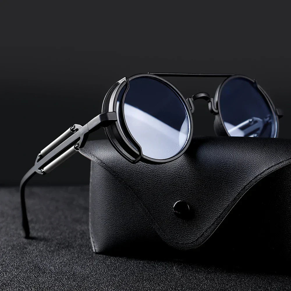 Óculos de sol redondos steampunk com lentes vermelhas e armação metálica