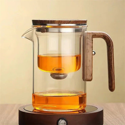 Théière élégante en verre avec infuseur – Infusion raffinée et poignée en bois