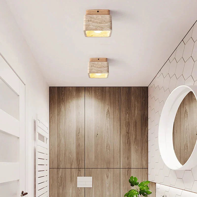 Nordic LED Ceiling Lamp made of Travertine Stone and Wood