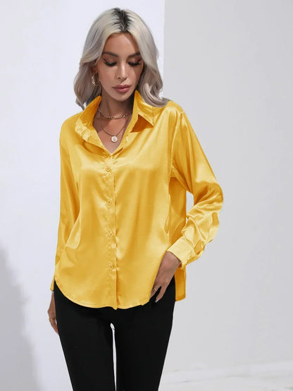 Ladies Luxe Satin Blouse with Collar and Curved Hem