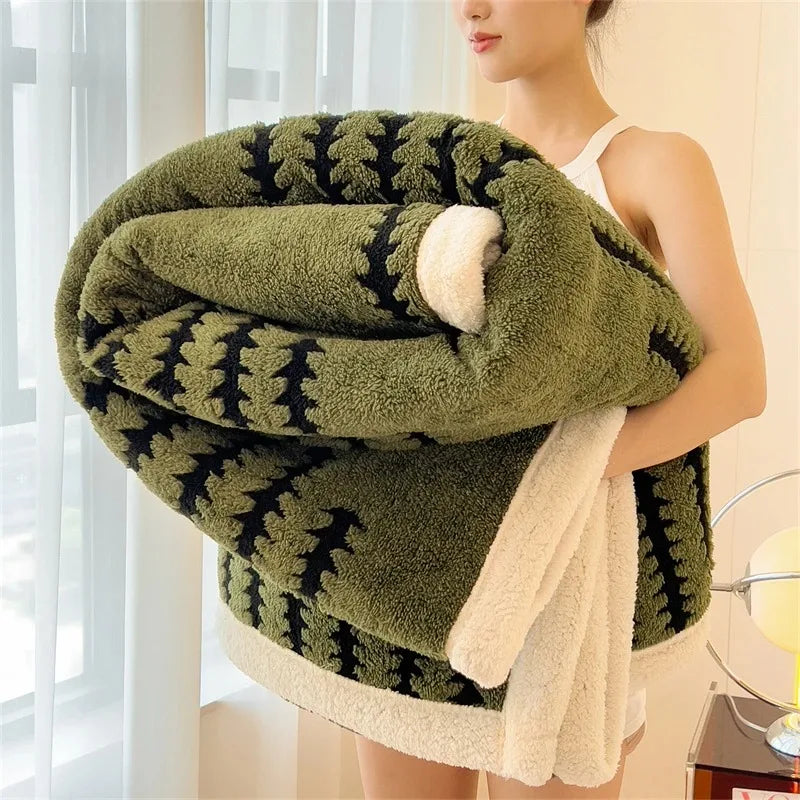Coperta double-face con motivo geometrico e pile sherpa – Morbida, calda e decorativa