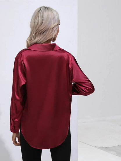 Ladies Luxe Satin Blouse with Collar and Curved Hem