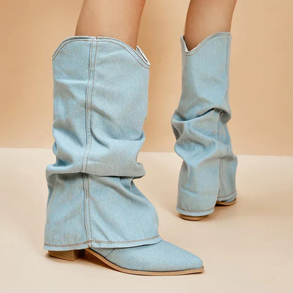 Botas vaqueras de mezclilla para mujer, de estilo western y punta afilada
