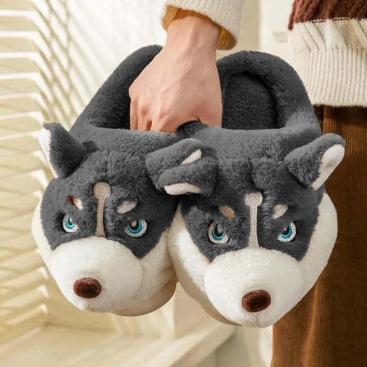 Winter-Hausschuhe mit Husky-Motiv und rutschfester Sohle für Damen
