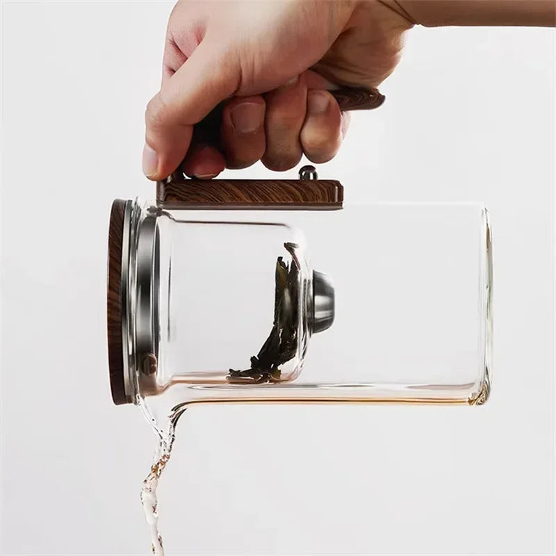 Théière élégante en verre avec infuseur – Infusion raffinée et poignée en bois