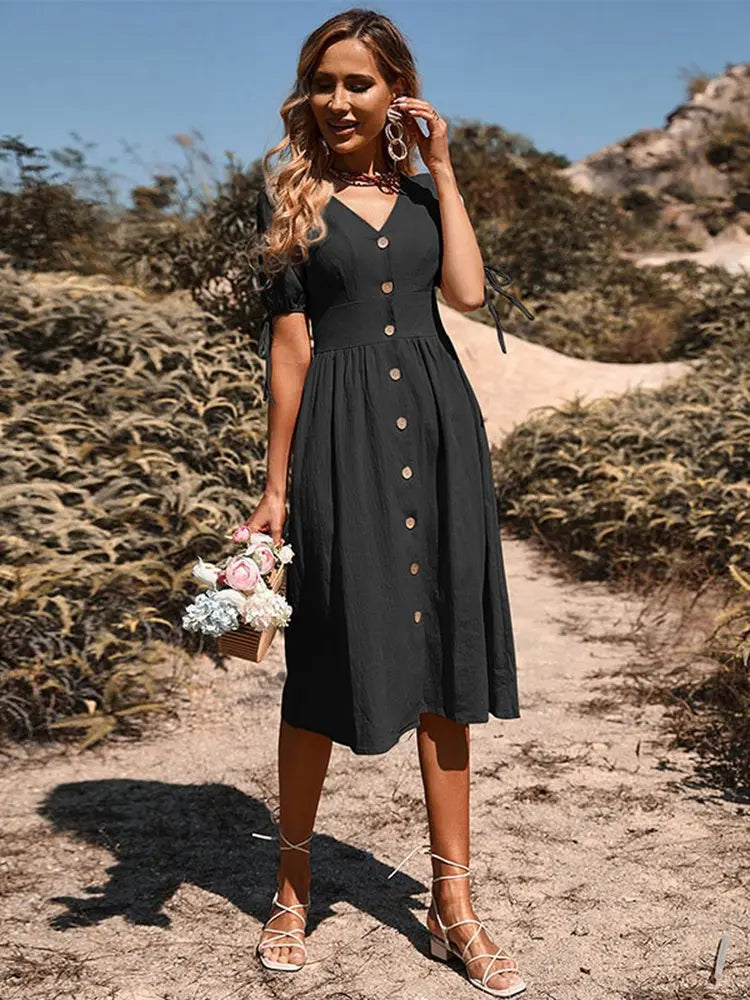 V-neck Cotton Spring/Summer Dress - Annelies