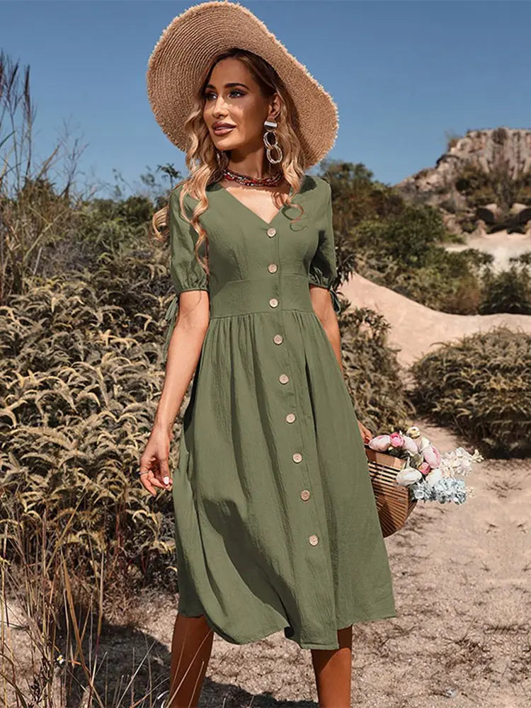 V-neck Cotton Spring/Summer Dress - Annelies