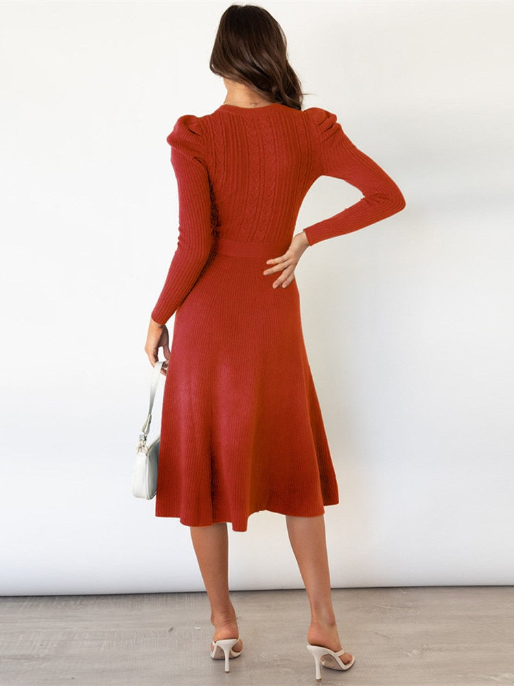 Robe midi en maille élégante avec ceinture et motif torsadé pour femme