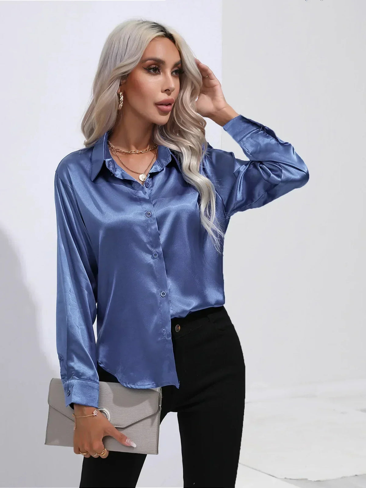 Ladies Luxe Satin Blouse with Collar and Curved Hem