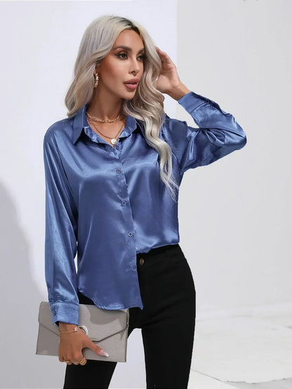 Ladies Luxe Satin Blouse with Collar and Curved Hem