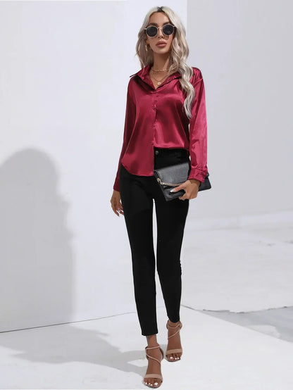Ladies Luxe Satin Blouse with Collar and Curved Hem