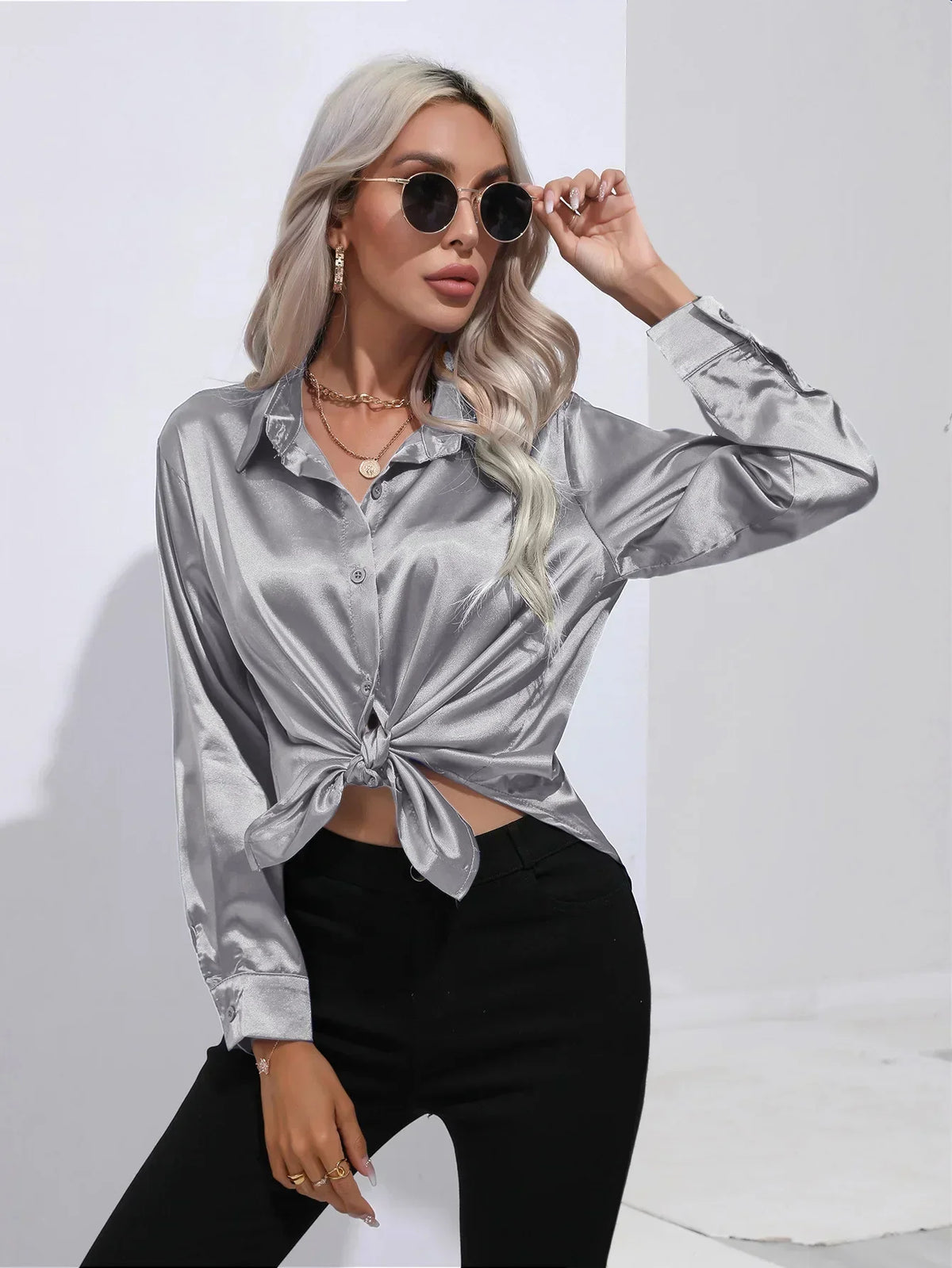 Ladies Luxe Satin Blouse with Collar and Curved Hem