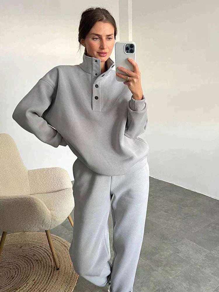 Ladies' Cosy Fleece Set with Stand-Up Collar and Press Studs
