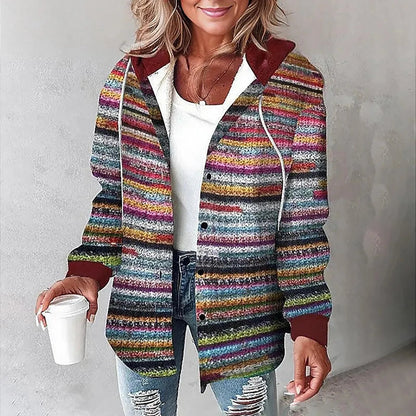 Ladies' Casual Checked Shirt Jacket with Hood and Drawstring