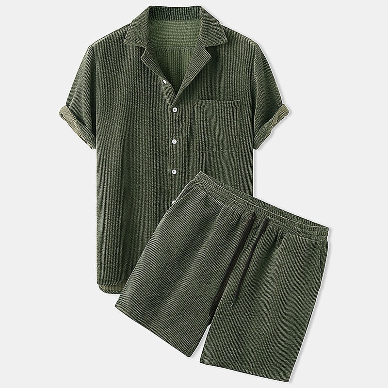 Ribbed Summer Clothing Set for Men - Shorts with Polo Shirt