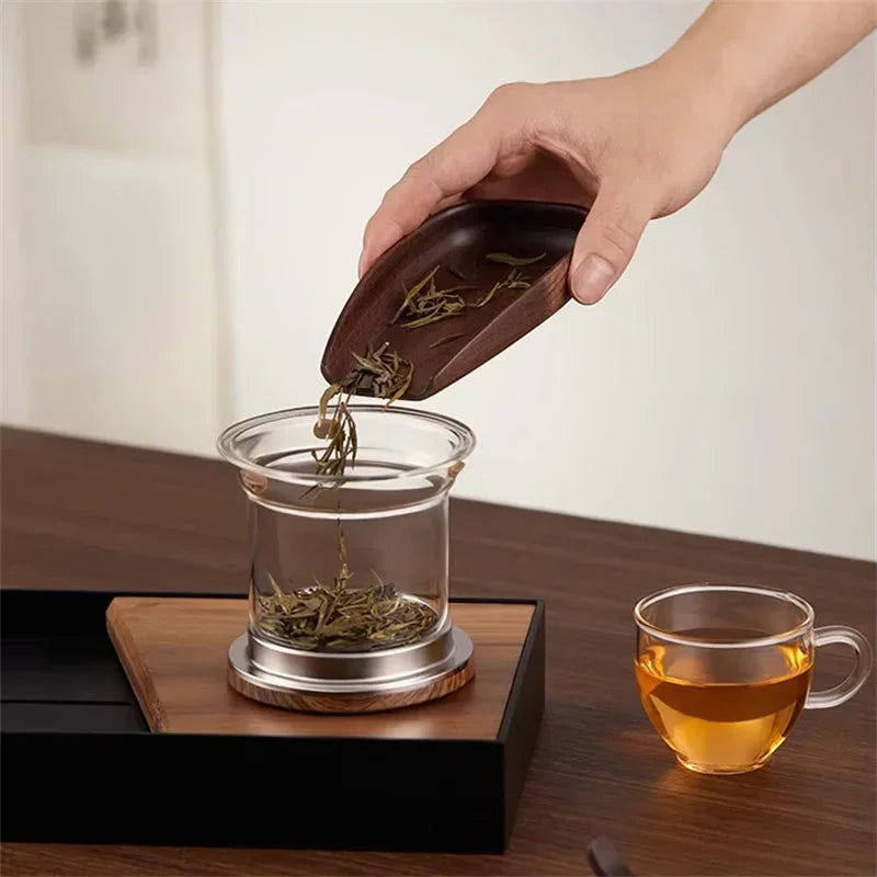 Théière élégante en verre avec infuseur – Infusion raffinée et poignée en bois