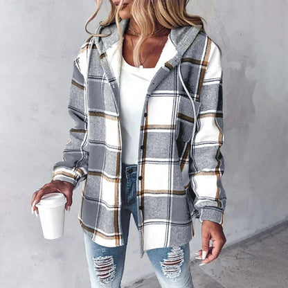 Ladies' Casual Checked Shirt Jacket with Hood and Drawstring