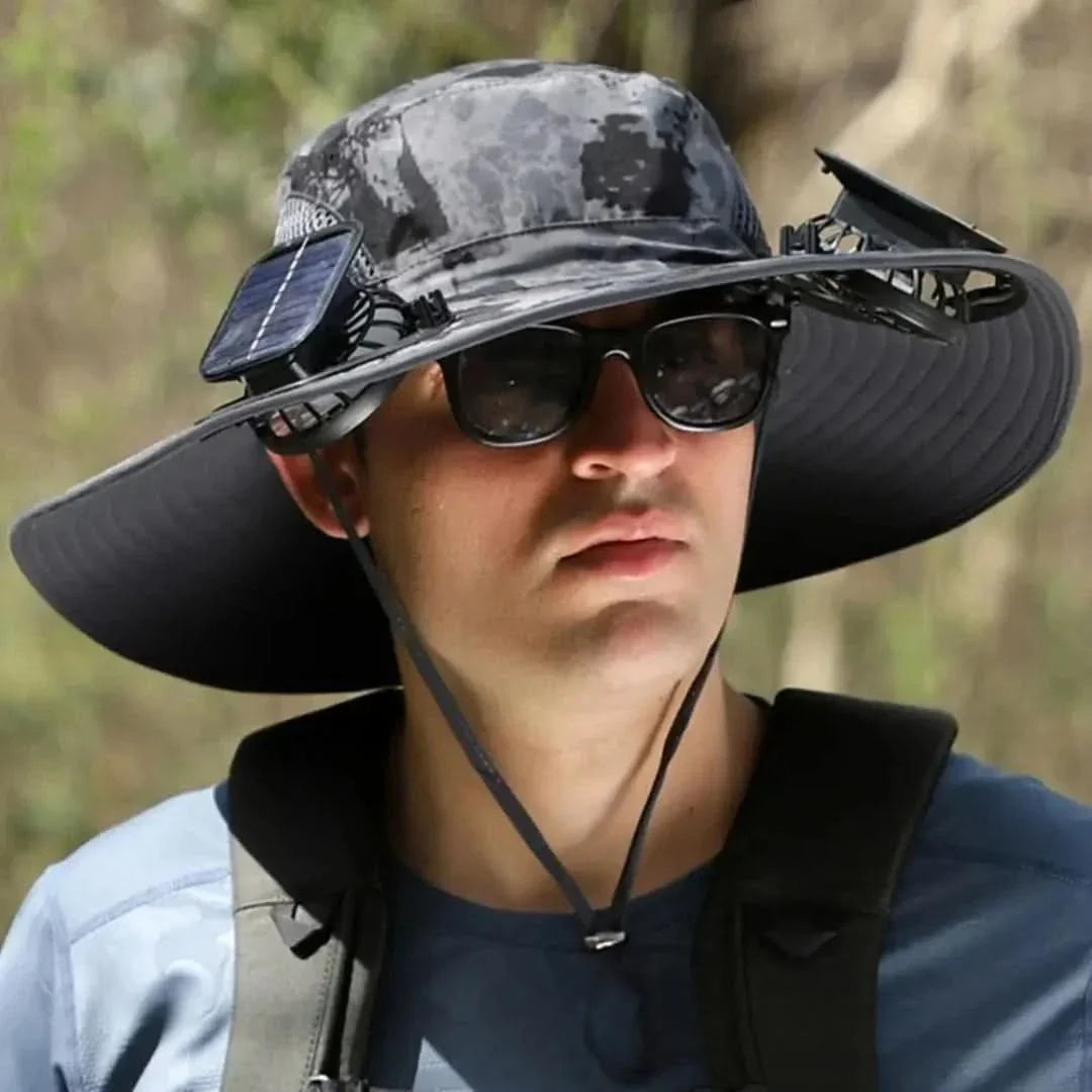 Solárny ventilátorový klobúk pre rybárov - solárna energia a nabíjanie cez USB