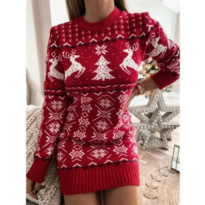 Gebreide kerstjurk voor dames met rendierprint, lange mouwen en geschikt voor de winter