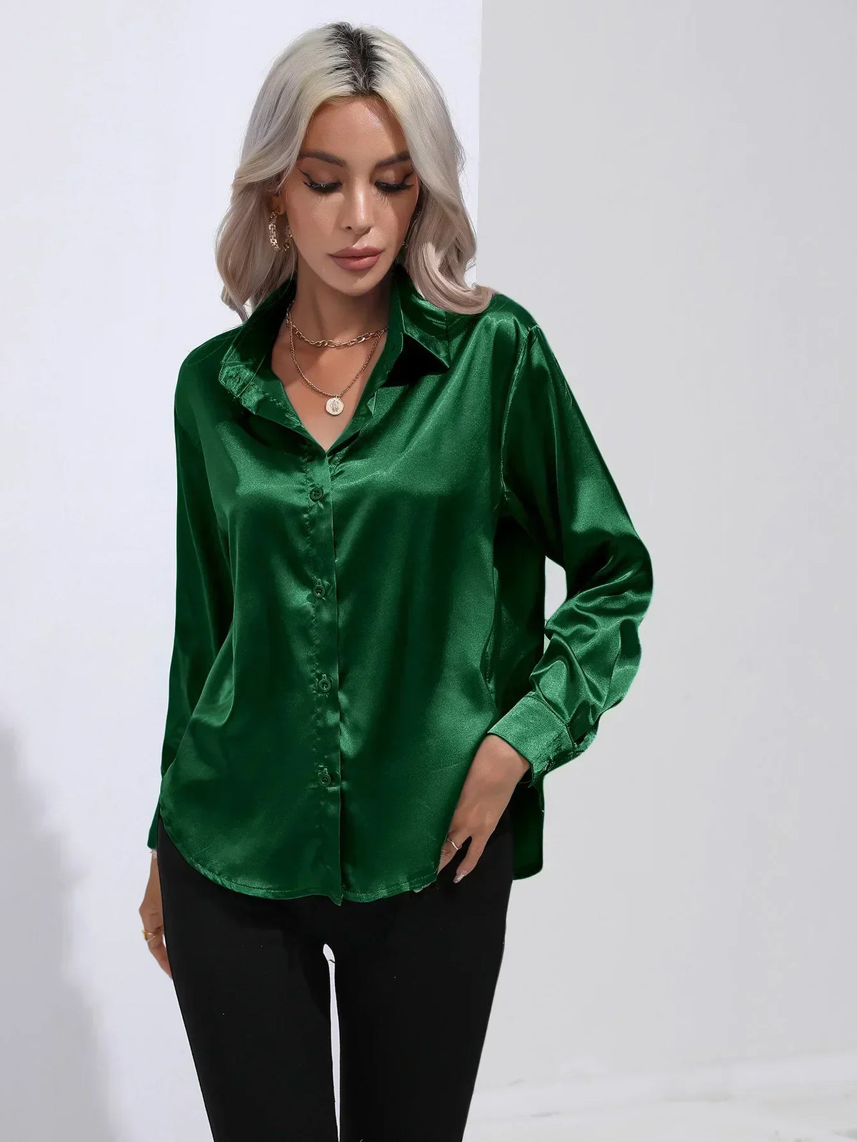 Ladies Luxe Satin Blouse with Collar and Curved Hem