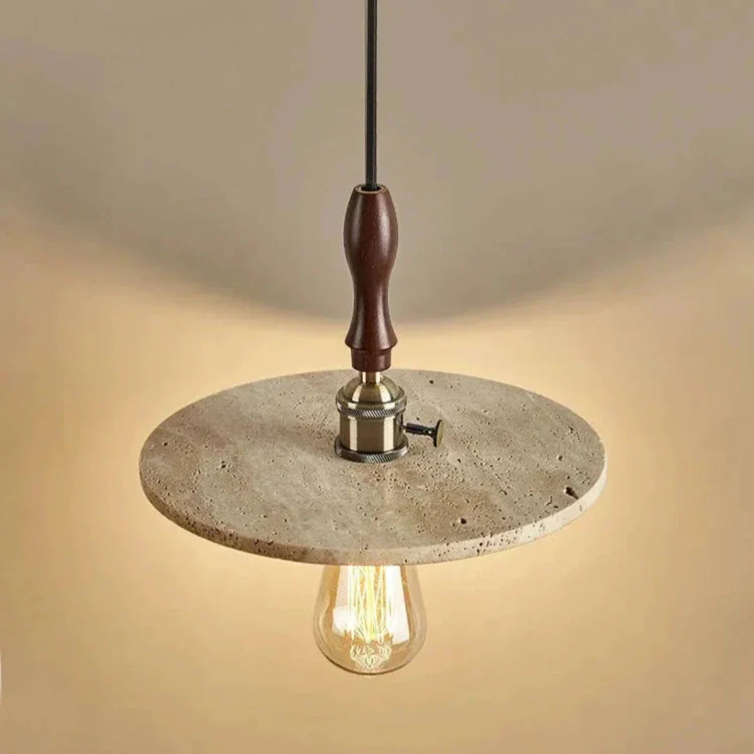 Medieval Hanging Candle Holder of Travertine and Wood