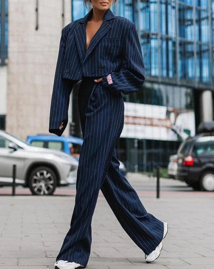 Ladies Striped Co-ord Set Short Blazer and Wide Trousers