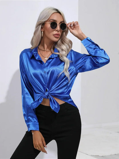 Ladies Luxe Satin Blouse with Collar and Curved Hem